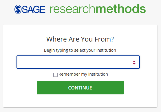 Where Are You From? drop-down menu, with checkbox for Remember my institution and a Continue button.